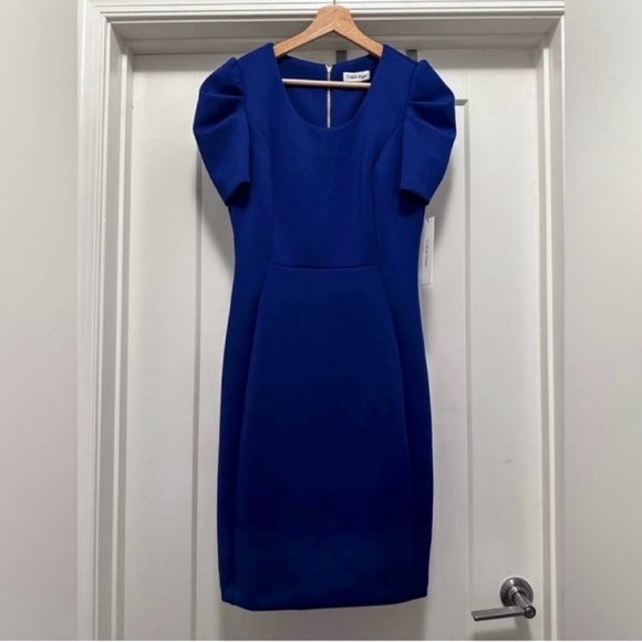 🩵 NWT! Blue CALVIN KLEIN Puff Sleeve Dress - Size 8 - Picture 1 of 10